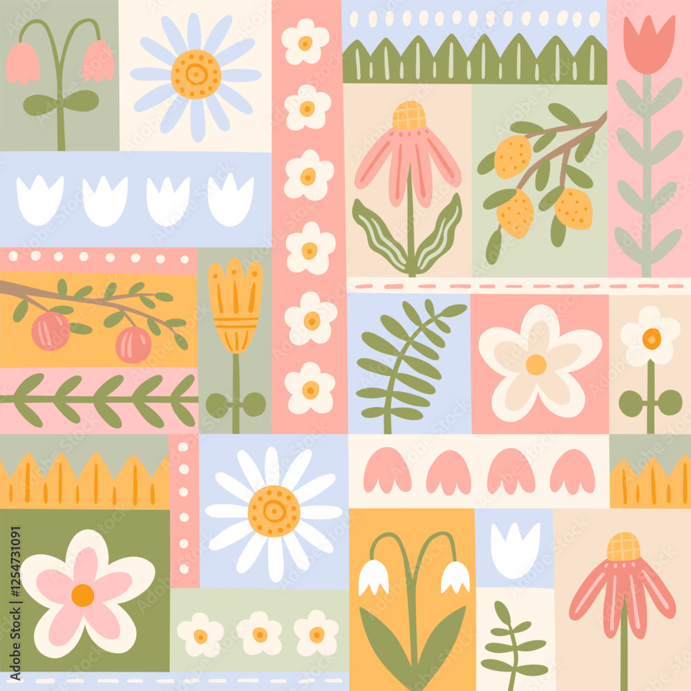 Cute spring abstract seamless pattern in patchwork style. Vector bright ...