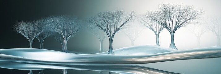 Aufkleber - Glowing reflections in an abstract glass forest with ethereal tree shapes during twilight. Generative AI