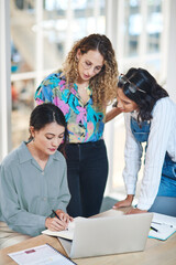 Poster - Creative, advice and business women with laptop, notes and proposal ideas at digital agency. Collaboration, planning and design team in office with online project schedule for startup development
