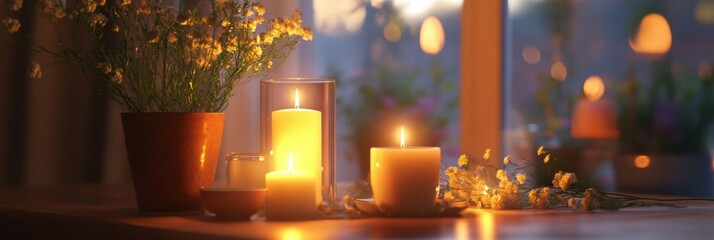 Poster - Festive dining setup with elegant tableware, glowing candles, and fresh flowers in a cozy atmosphere. Generative AI