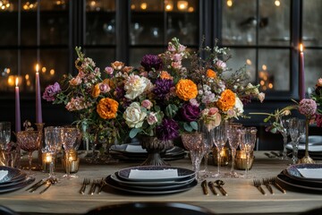 Poster - Festive dining table set for a celebration with elegant tableware and beautiful flower arrangements. Generative AI