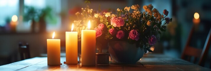 Poster - Festive dining table adorned with elegant tableware, glowing candles, and fresh flowers for a warm celebration atmosphere. Generative AI