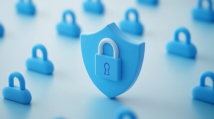 Wall Mural - Blue Shield with Lock Surrounded by Smaller Padlocks Representing Security and Protection Concepts in Digital Age