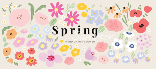 Wall Mural - set of small flower spring and summer. botanical illustration minimal style.