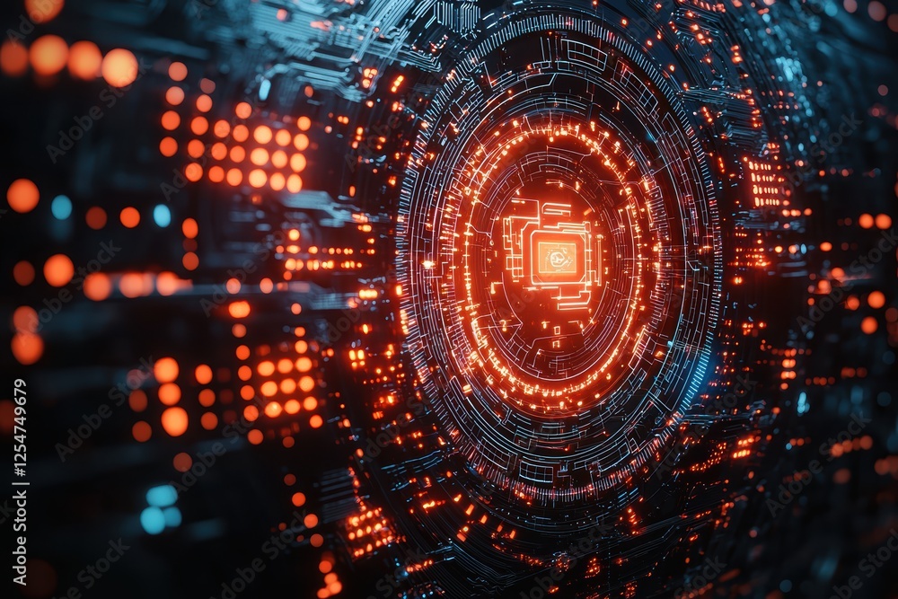 High-tech digital financial interface showcasing secure high fidelity technology in a virtual environment