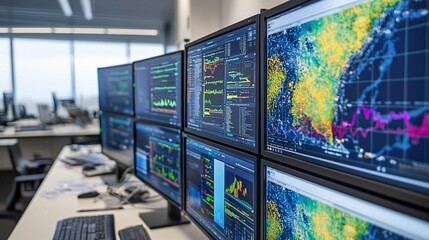 ai-generated climate models present detailed data visualizations and graphs across various screens i