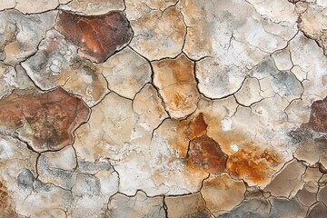 Abstract texture of a cracked, dried lakebed featuring intricate patterns and earthy hues, ideal for backgrounds or design elements against a white backdrop.