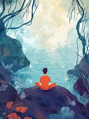 Aufkleber - A focused individual demonstrates resilience by overcoming challenges through mindfulness exercises in a serene setting.