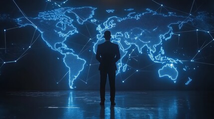 a man stands in front of a large blue screen that shows a map of the world