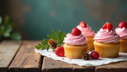 Wall Mural - Delicious strawberry cupcakes with pink frosting, arranged on a rustic wooden table with natural decorations.