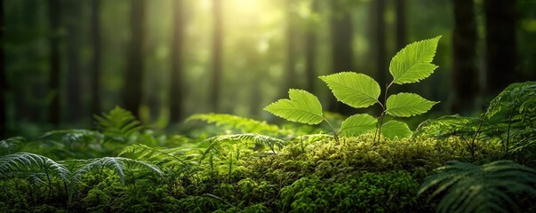 Canvas Print - Glow forest idea. Lush green leaves emerging from vibrant forest moss under soft sunlight.