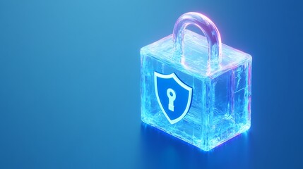 Wall Mural - Futuristic Concept of Ice Lock with Shield and Keyhole Symbol on Blue Background for Security and Protection