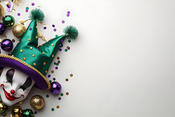 festive Mardi Gras clown mask with green and purple jester hat on white background