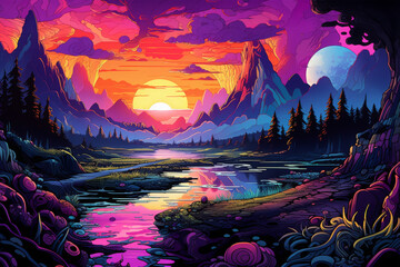 Wall Mural - colorful neon landscape on background