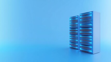 Wall Mural - Modern Data Center with Server Racks Illuminated by Blue Lights on a Minimalist Blue Background