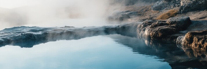 Poster - Serene hot spring with steam rising above rocky edges in a tranquil natural setting. Generative AI