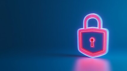 Wall Mural - neon lock icon on blue background representing digital security and protection concepts in modern te