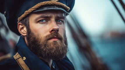 A striking portrait of a ship captain with a distinguished beard gazing into the distance. This image captures maritime adventure and leadership. Generative AI