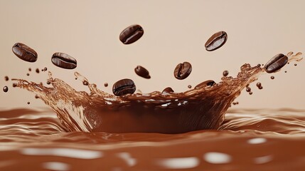 Wall Mural - A beautiful coffee splash with beans suspended in mid-air, isolated against a smooth, neutral background.