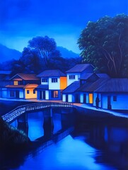 Wall Mural - serene twilight scene of a tranquil village by a river, showcasing illuminated houses and lush trees
