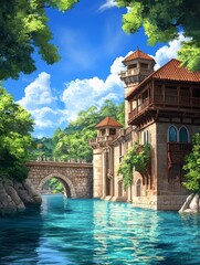 Wall Mural - Serene riverside mansion with lush greenery and a picturesque bridge under a bright blue sky