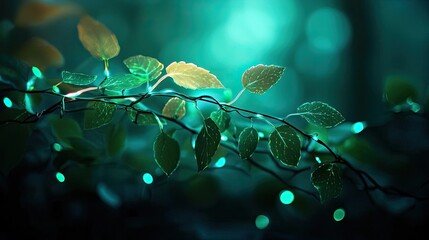 Wall Mural - Glow forest idea. Close-up of vibrant leaves illuminated by soft, enchanting green light.