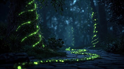 Wall Mural - Glow forest idea. A mystical forest path illuminated by glowing green vines and serene surroundings.