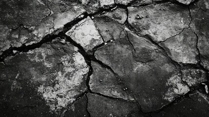 Wall Mural - A close-up of an old asphalt surface, with cracks running along its length and debris in the crevices.