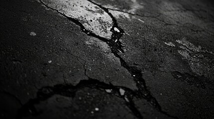 Wall Mural - A close-up of an old asphalt surface, with cracks running along its length and debris in the crevices.