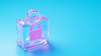 Wall Mural - Transparent pink padlock on a vibrant blue background representing security and digital protection concepts