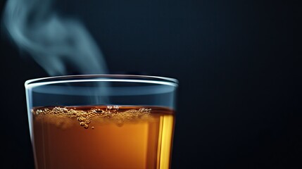 Wall Mural - A close-up of a warm glass of tea, the steam rising and glowing softly against the sleek, dark black backdrop.