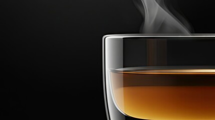 Wall Mural - A close-up of a warm glass of tea, the steam rising and glowing softly against the sleek, dark black backdrop.