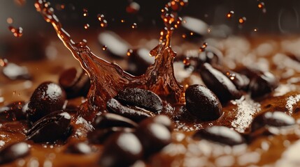 Wall Mural - A close-up of dark coffee splashing, with whole coffee beans captured in mid-air, isolated on a clean background.