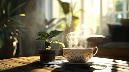 Wall Mural - A cozy setting with a steaming cup of herbal tea and soft light filtering through the window.