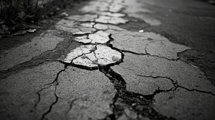 Wall Mural - A cracked and uneven asphalt surface along a suburban street, with grass peeking through the fissures.