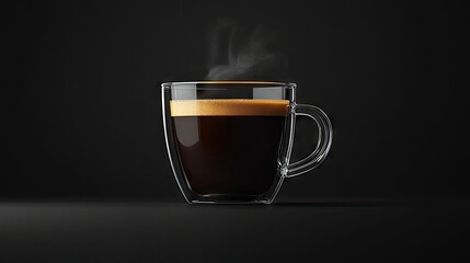 Wall Mural - A dark roast coffee in a clear cup, steam rising against the bold black backdrop, highlighting its rich aroma.