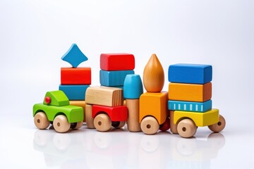 Wall Mural - Colorful wooden toys white background construction creativity.