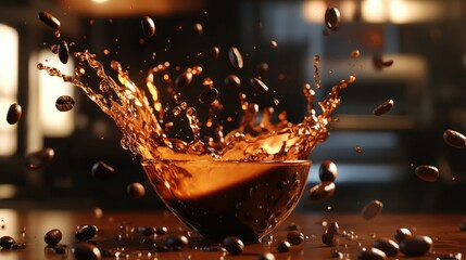 Wall Mural - A dramatic coffee splash with floating beans, captured in mid-air, against a blurred background for a dynamic effect.