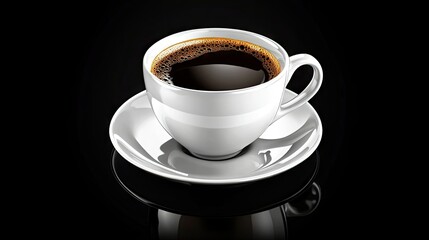 Wall Mural - A fresh, aromatic cup of black coffee on a polished black background, with light reflecting off the surface.