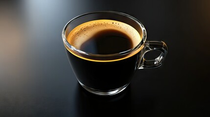 Wall Mural - A fresh, aromatic cup of black coffee on a polished black background, with light reflecting off the surface.