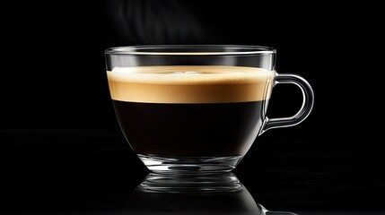 Wall Mural - A fresh cup of rich coffee with a perfect crema, set against a striking black background, emphasizing its aroma.