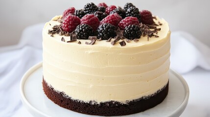 Wall Mural - Round cake with creamy white frosting, topped with raspberries and blackberries, dark chocolate shavings, and dark brown cake base on white plate