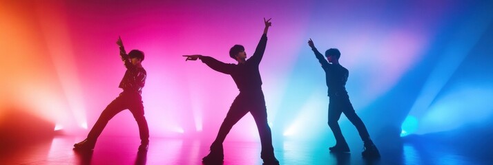 Poster - K pop idols showcase energetic performances under vibrant pastel stage lighting during a live concert. Generative AI