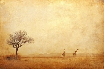 Poster - Giraffes wander gracefully near a lone acacia tree in the African savanna at dusk. Generative AI