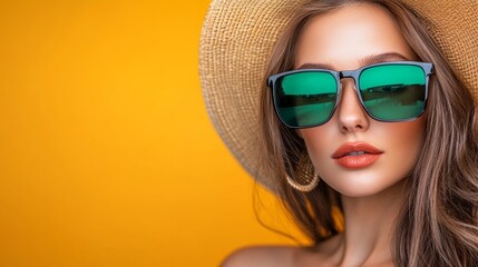 Wall Mural - Woman wearing sunglasses and a straw hat. The sunglasses are green and the hat is yellow. The woman has a nice smile and is looking directly at the camera