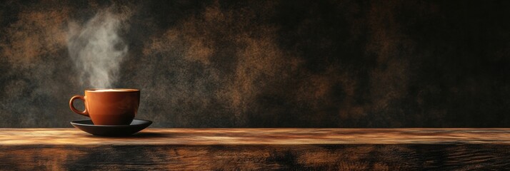 Aufkleber - Enjoying warm coffee with steam rising on a rustic wooden table in a cozy setting during a calm morning. Generative AI