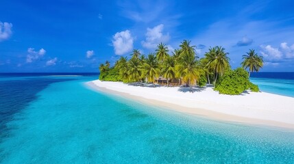 Wall Mural - Island paradise with white sand beach, turquoise water, and lush palm trees; bright sunny day