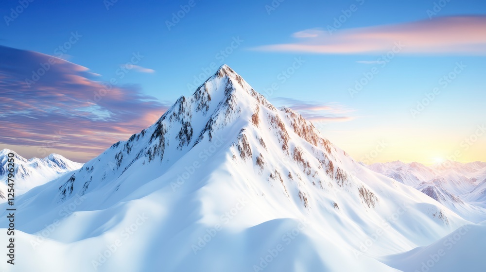 Majestic snow capped mountain peak at sunrise, with a clear blue sky ...