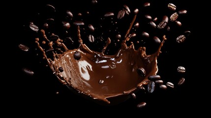 Wall Mural - A rich coffee splash with beans scattering around, frozen in mid-air, creating a dramatic effect on a dark background.