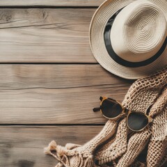Aufkleber - Fashion accessories displayed on a wooden table with hats, scarves, and sunglasses for stylish looks. Generative AI